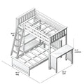 White wooden loft bunk bed frame with ladder and underbed desk, twin-over-full slatted guardrails, dimensions 68.5 in tall × 96.25 in long × 81.5 in wide