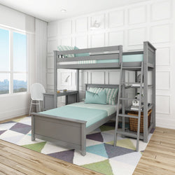 18-901-121 : Bunk Beds L-Shaped Twin over Twin Bunk Bed with Bookcase and Desk, Grey