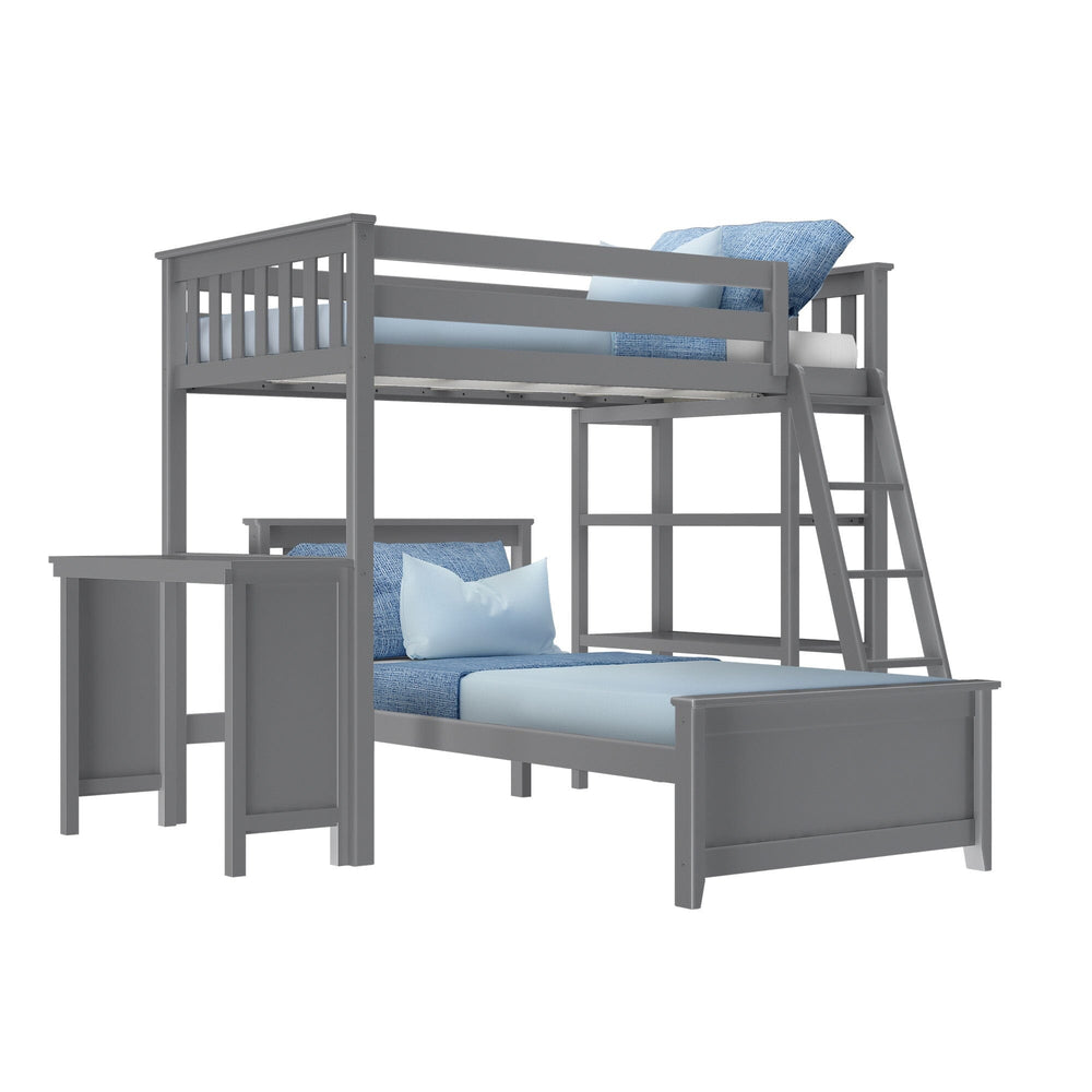 18-901-121 : Bunk Beds L-Shaped Twin Over Twin Bunk Bed With Bookcase & Desk, Grey