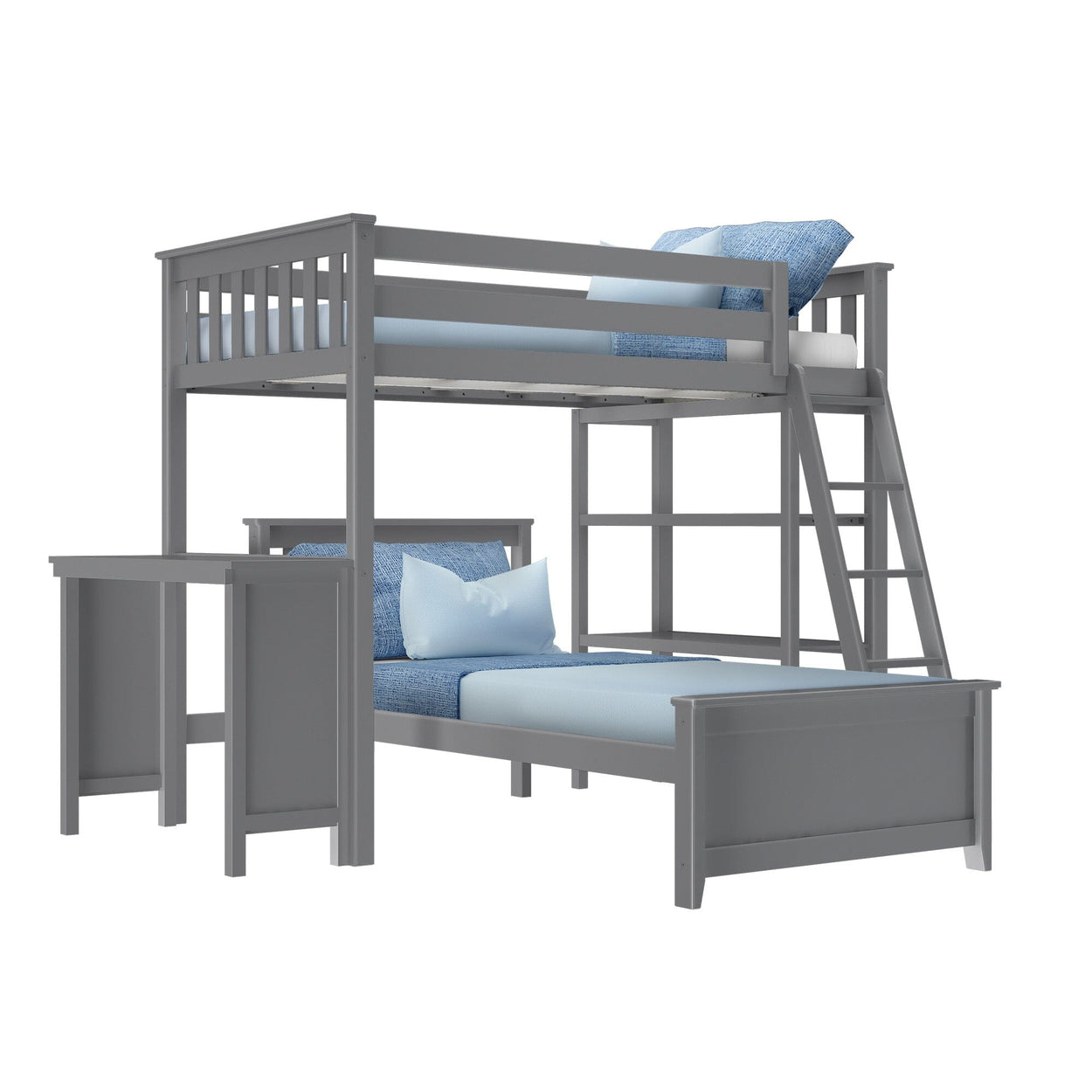 18-901-121 : Bunk Beds L-Shaped Twin over Twin Bunk Bed with Bookcase and Desk, Grey