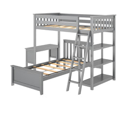 18-901-121 : Bunk Beds L-Shaped Twin Over Twin Bunk Bed With Bookcase & Desk, Grey