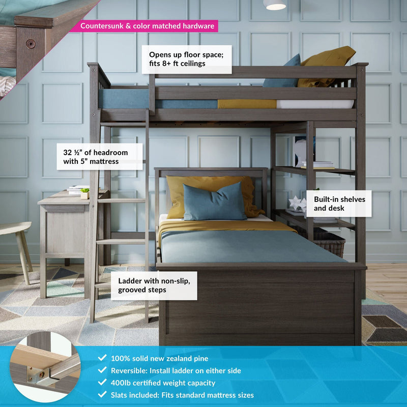 Bunk bed with desk and shelves, designed for rooms with 8+ ft ceilings, featuring non-slip ladder, solid New Zealand pine construction, and reversible configuration.