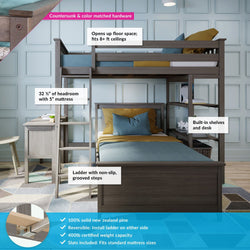 18-901-151 : Bunk Beds L-Shaped Twin over Twin Bunk Bed with Bookcase and Desk, Clay