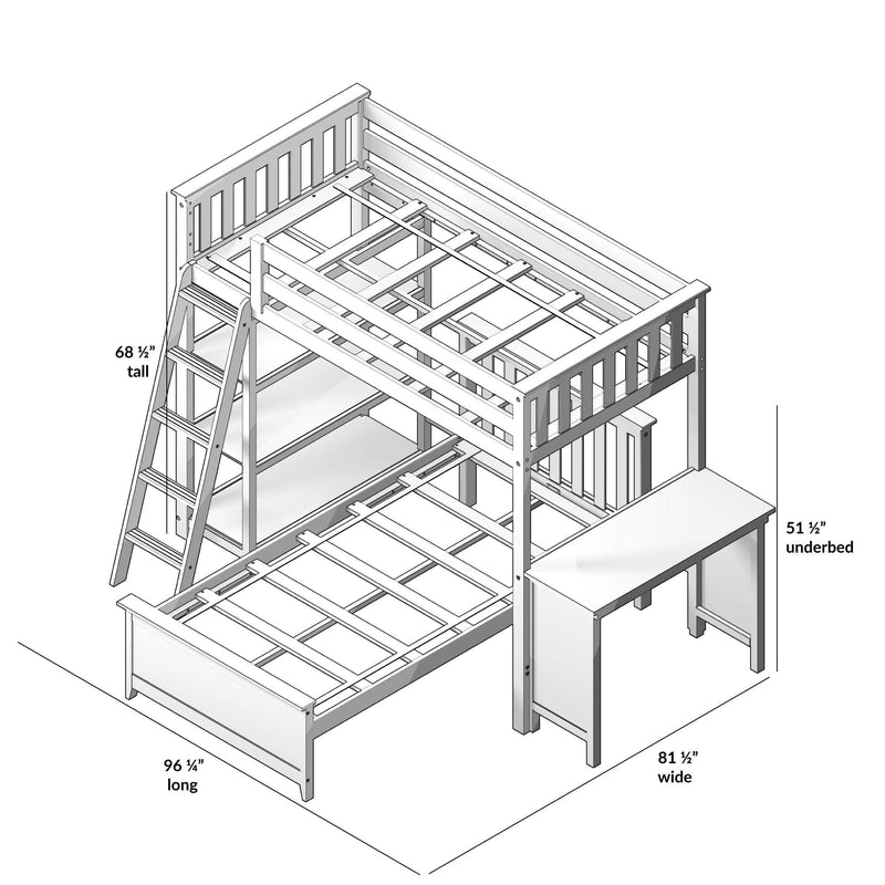 Bunk bed with desk and ladder, dimensions labeled, modern design for small spaces.