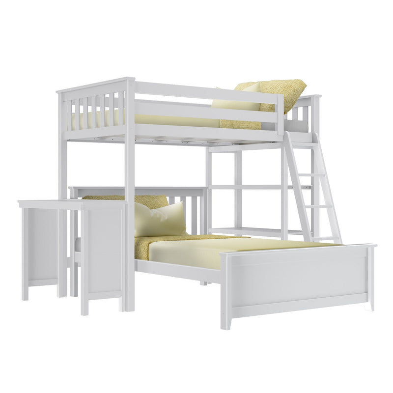 White wooden loft bed with built-in desk and ladder, featuring yellow bedding, ideal for maximizing space in kids' bedrooms.