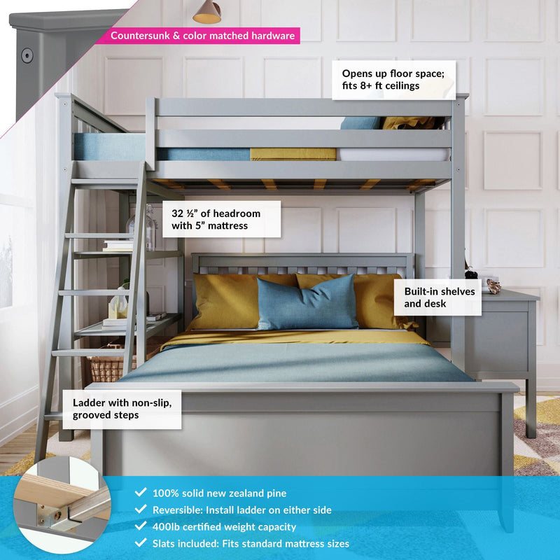 Gray twin over full bunk bed with ladder and desk, featuring built-in shelves, solid New Zealand pine construction, and 400lb weight capacity.