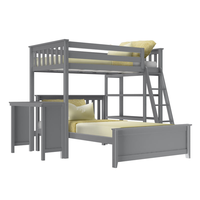 Gray loft bed with desk and ladder, featuring two beds and yellow bedding, perfect for maximizing space in children's bedrooms.