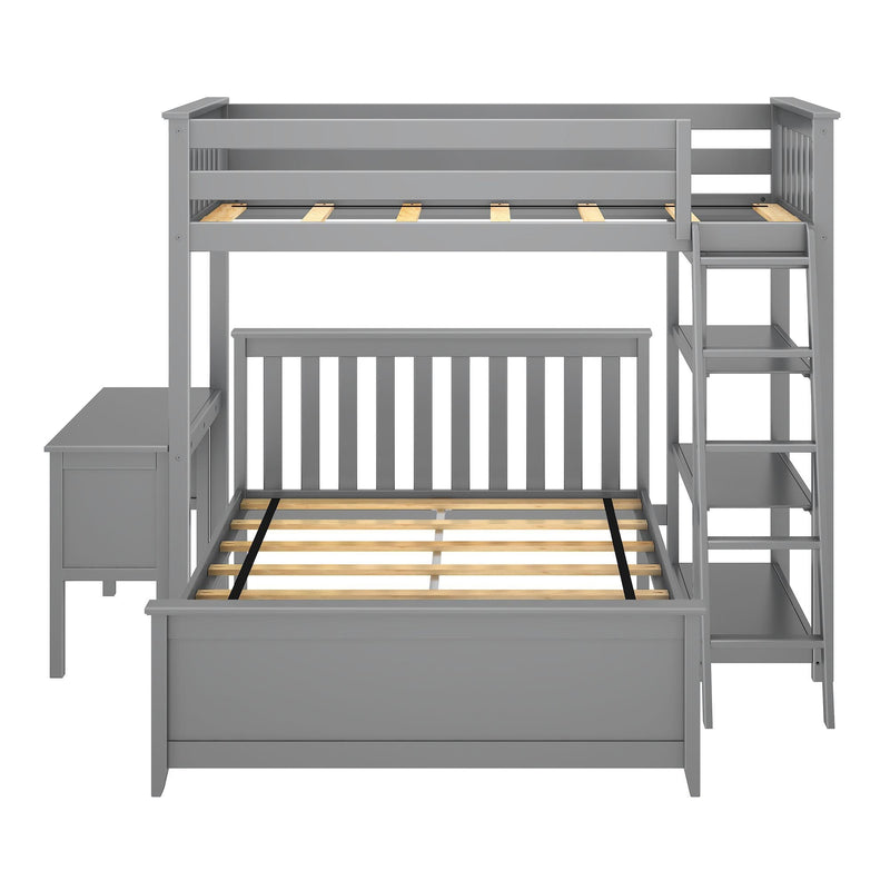 Gray wooden twin over full bunk bed with storage ladder and integrated desk, modern space-saving furniture for kids' bedroom.