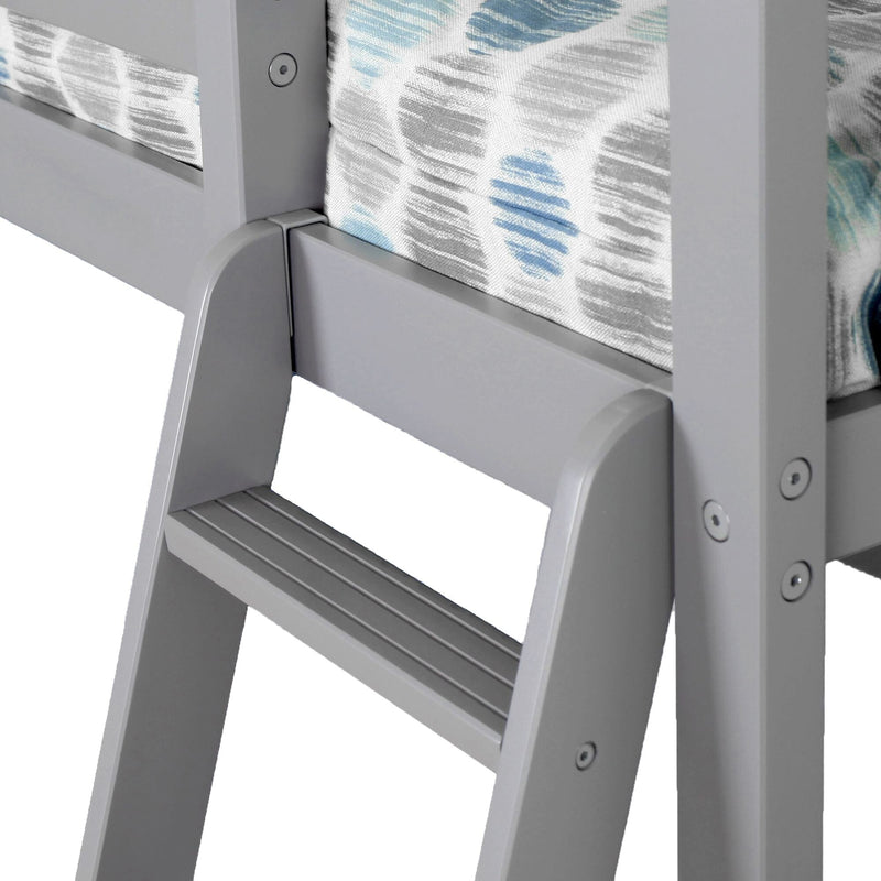 Stylish gray bunk bed ladder close-up with modern mattress design.