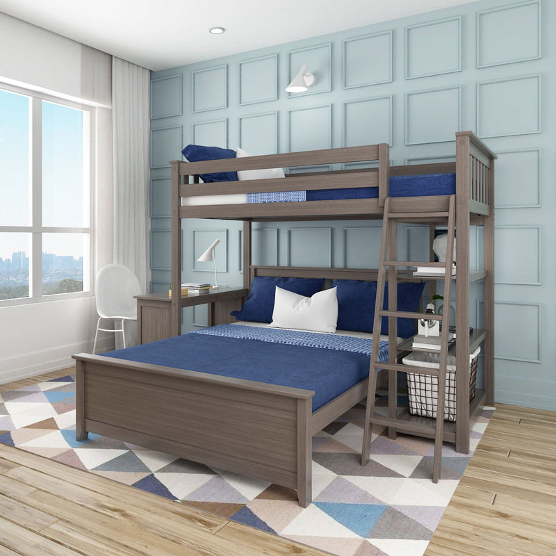 Modern children's bedroom featuring a gray wooden loft bunk bed with ladder and built-in desk, navy blue bedding, geometric rug, light blue paneled accent wall and large window with natural light