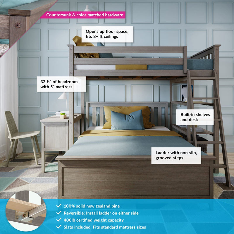 Twin-over-full loft bunk bed in gray finish with ladder, built-in desk and shelves, solid New Zealand pine construction, non-slip grooved ladder steps and countersunk hardware, teal and mustard bedding in modern kids' bedroom (fits 8+ ft ceilings)
