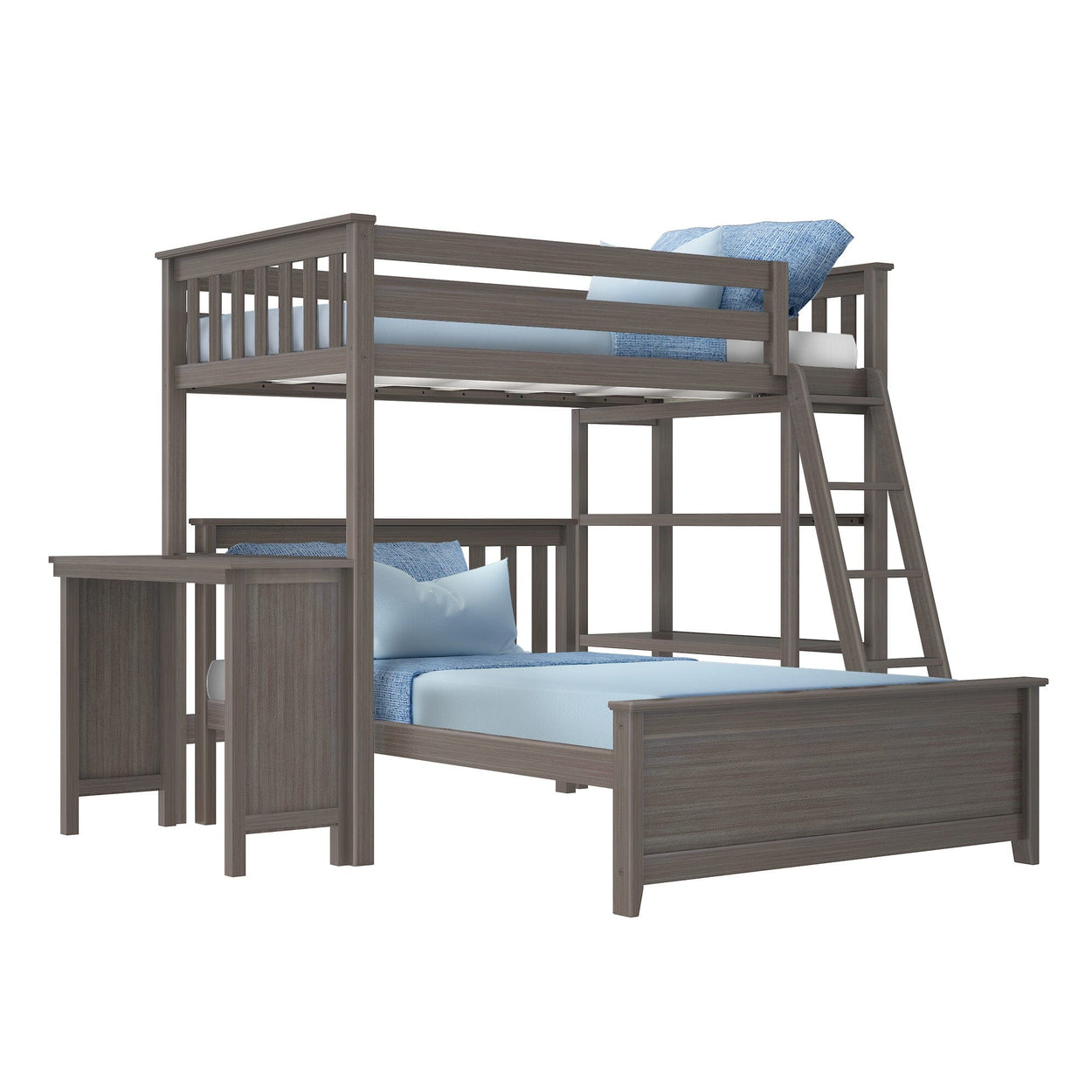 18-902-151 : Bunk Beds L-Shaped Twin over Full Bunk Bed with Bookcase and Desk, Clay