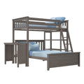 Gray wood twin-over-full loft bunk bed with ladder and built-in desk, styled with blue pillows and bedding
