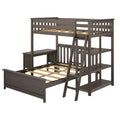 Gray twin-over-full loft bunk bed with ladder, built-in storage shelves and wooden slatted frame with safety guardrails for kids' bedroom