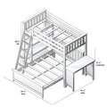 Isometric assembly diagram of a wooden loft bunk bed with ladder, guardrails, slatted mattress supports and underbed desk, labeled 96¼ in × 81½ in × 68½ in