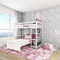 White loft bunk bed with lower twin bed, pink bedding and geometric pink rug in a bright modern kids' bedroom with large city-view window, ladder, built-in shelving and pouf