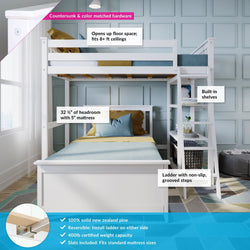 18-911-002 : Bunk Beds L-Shaped Twin Over Twin Bunk Bed With Bookcase, White