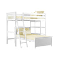 White wooden loft bunk bed (twin-over-full) with angled ladder, built-in storage shelves and pale yellow bedding — space-saving kids bedroom furniture