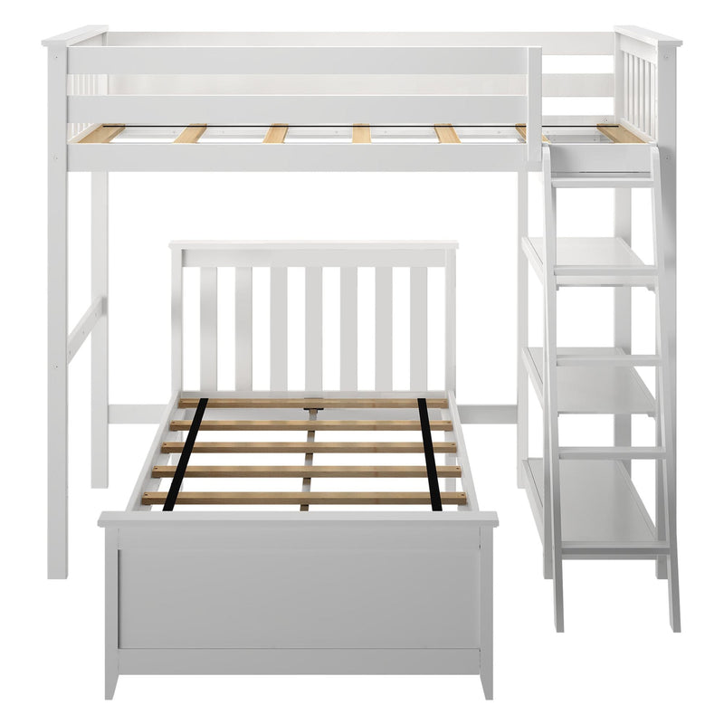 White wooden twin-over-full loft bed with integrated ladder and open shelving, slatted mattress supports and space-saving storage — modern kids' bunk bed for small bedrooms