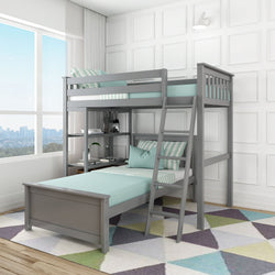 18-911-121 : Bunk Beds L-Shaped Twin Over Twin Bunk Bed With Bookcase, Grey