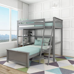 18-911-121 : Bunk Beds L-Shaped Twin over Twin Bunk Bed with Bookcase, Grey