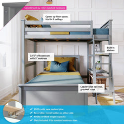 18-911-121 : Bunk Beds L-Shaped Twin Over Twin Bunk Bed With Bookcase, Grey