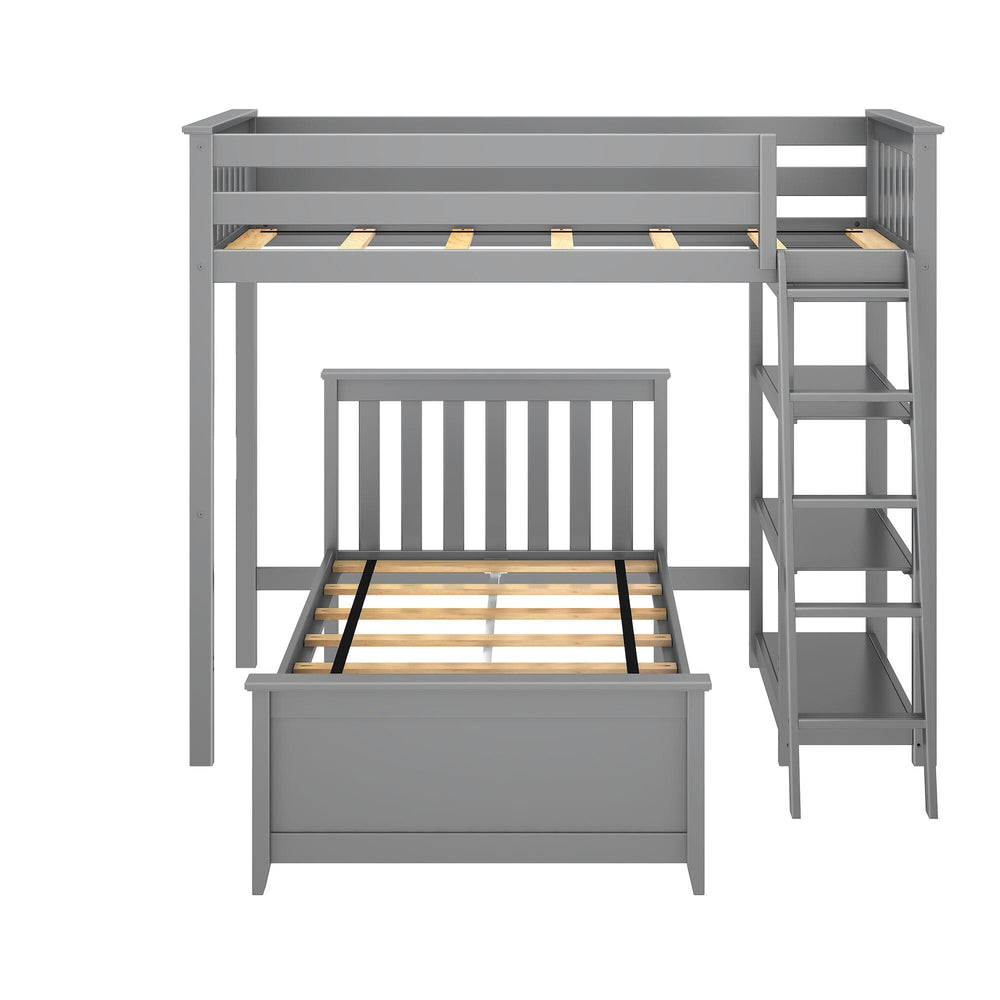 18-911-121 : Bunk Beds L-Shaped Twin Over Twin Bunk Bed With Bookcase, Grey