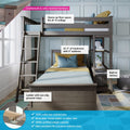 Gray solid pine twin loft bed with ladder and built-in shelves, space-saving bunk bed with light-blue and mustard bedding, non-slip grooved ladder steps and fits 8+ ft ceilings