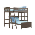 Gray-brown wooden loft bunk bed with ladder and guardrails, twin-over-twin design with blue bedding and built-in shelving — space-saving kids bedroom furniture
