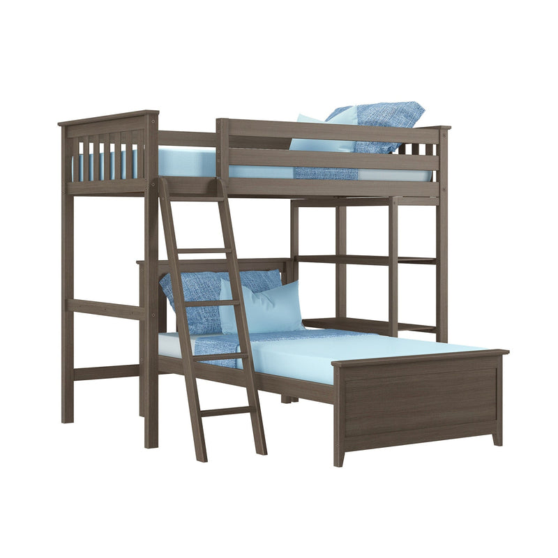 Gray-brown wooden loft bunk bed with ladder and guardrails, twin-over-twin design with blue bedding and built-in shelving — space-saving kids bedroom furniture