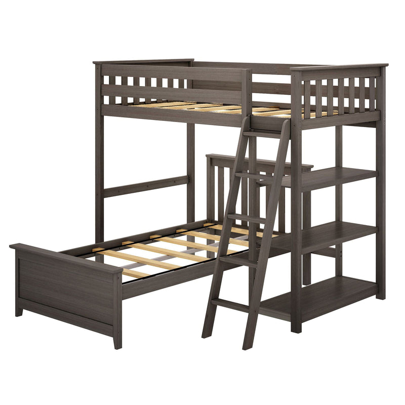 Gray wood twin loft bed with ladder, built-in shelves and slatted mattress support — space-saving kids' bunk bed