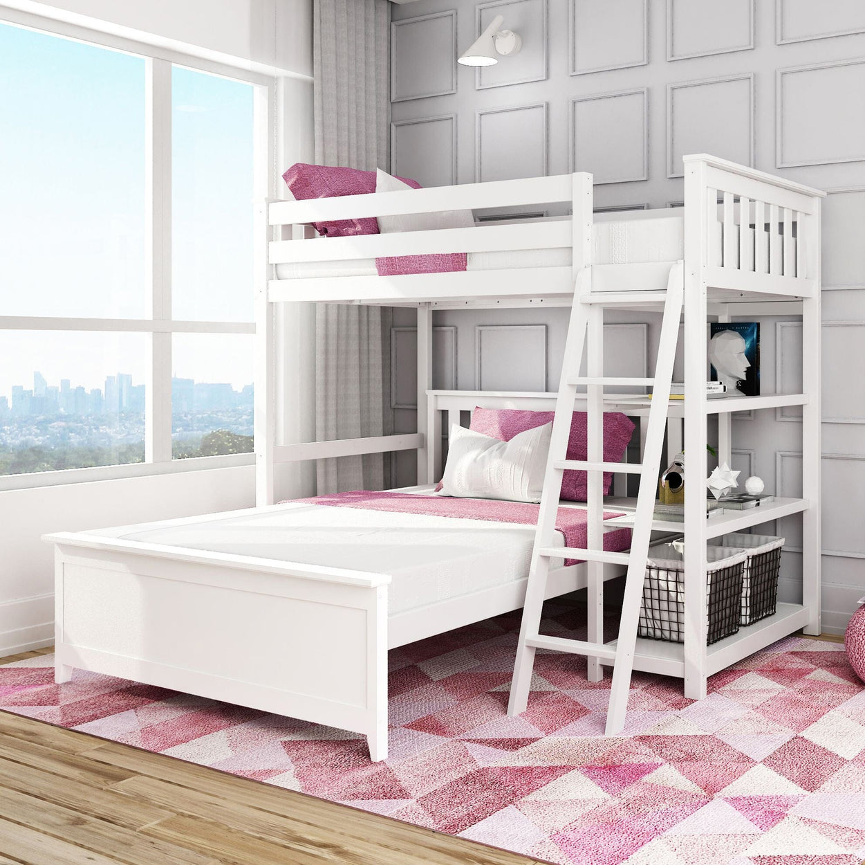 18-912-002 : Bunk Beds L-Shaped Twin over Full Bunk Bed with Bookcase, White