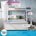 White solid pine twin-over-full loft bunk bed with ladder and built-in shelves in a modern blue-paneled bedroom, fits 8+ ft ceilings