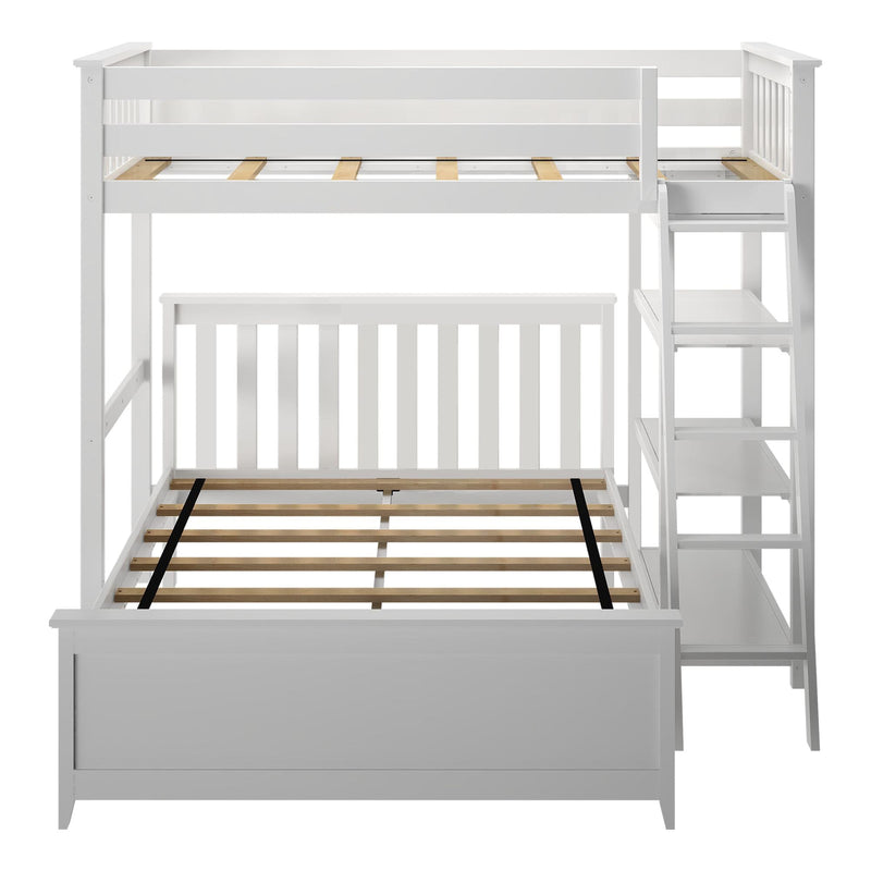 White wooden loft bed with built-in stairs and shelving, slatted mattress supports and lower crib-style rail, space-saving kids' bunk bed for small bedrooms