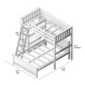 Isometric assembly diagram of a wooden loft bunk bed frame with ladder, slatted mattress supports and underbed storage, twin-over-full construction plan