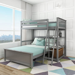 18-912-121 : Bunk Beds L-Shaped Twin over Full Bunk Bed with Bookcase, Grey