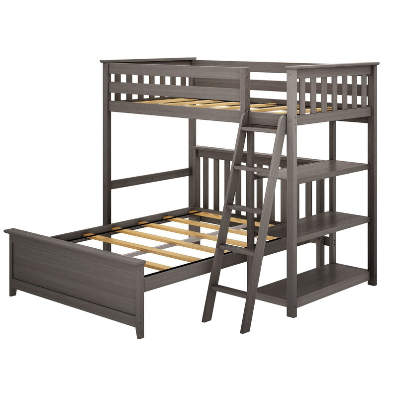 Gray wooden twin-over-full loft bunk bed with ladder and built-in shelves, modern platform frame for kids' bedroom