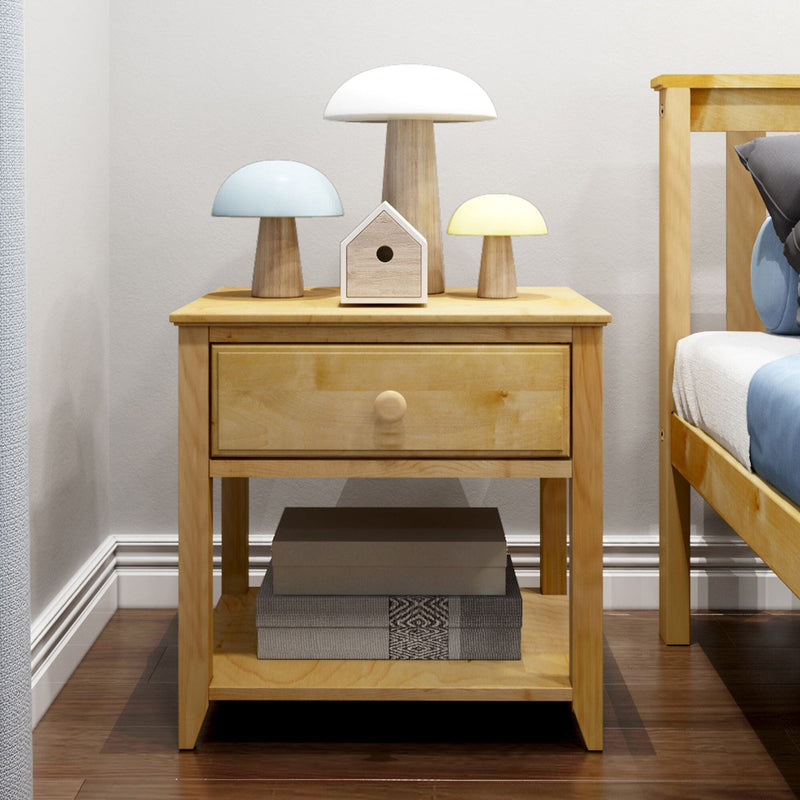 Wooden nightstand with mushroom-shaped bedside lamps and birdhouse decor in minimalist Scandinavian bedroom — modern home decor