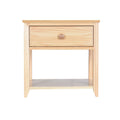 Light natural pine bedside table nightstand with single drawer and knob, open lower shelf and minimalist wooden bedroom storage