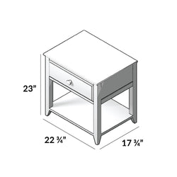 Compact white wooden nightstand bedside table with single drawer and open lower shelf, isometric drawing showing dimensions 23" H x 22 3/4" W x 17 3/4" D