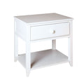 White wooden nightstand (bedside table) with a single drawer, round knob and lower open shelf — minimalist bedroom storage