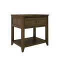 Dark brown wooden nightstand end table with single drawer, round knob, and lower shelf in a simple modern design