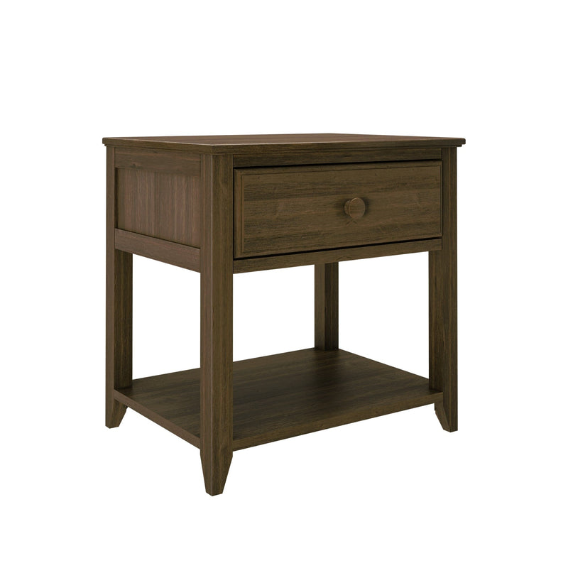 Dark brown wooden nightstand end table with single drawer, round knob, and lower shelf in a simple modern design