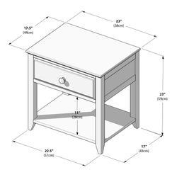 Diagram showing dimensions of a small wooden side table with single drawer, measuring 23 inches in height, 23 inches in width, and 17.5 inches in depth.