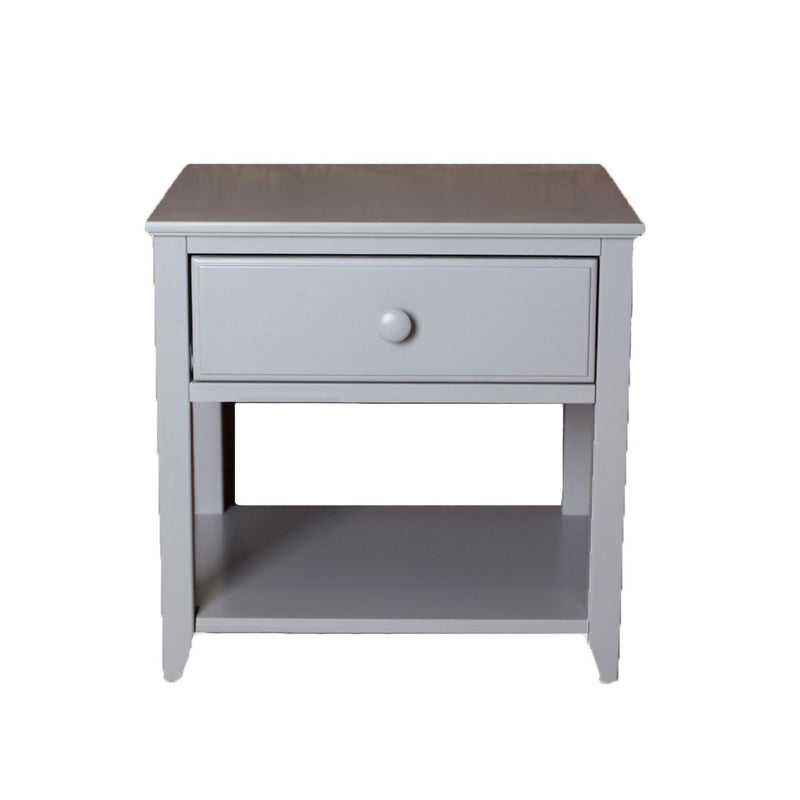 Gray wooden nightstand with drawer and open shelf.