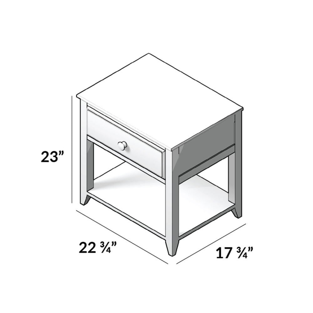 Illustration of a white wooden side table with dimensions 23 inches tall, 22.75 inches wide, and 17.75 inches deep, featuring a drawer and lower shelf.