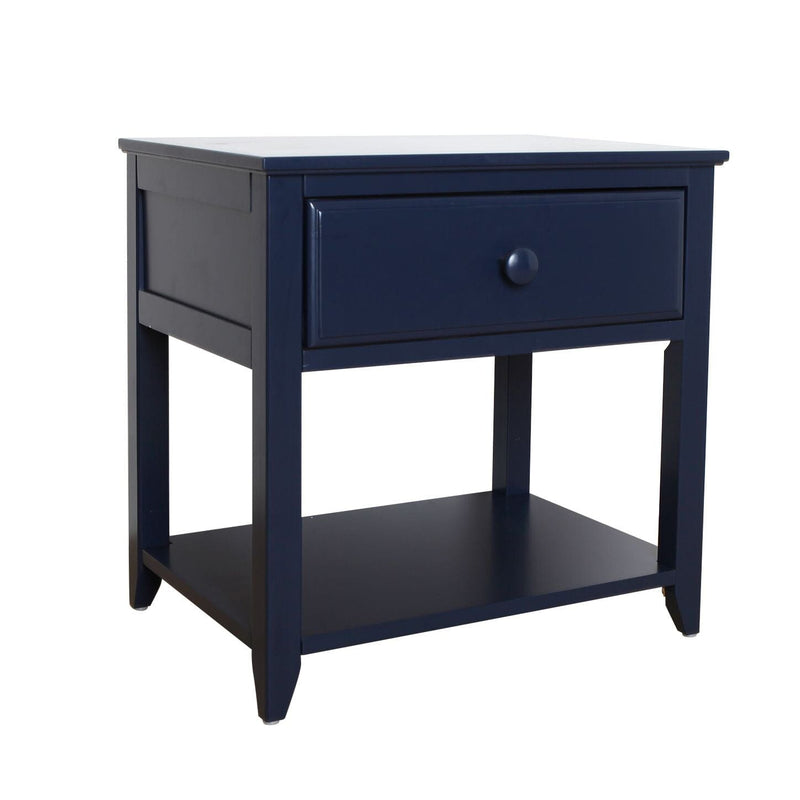 Blue wooden nightstand with single drawer and lower shelf for bedroom furniture.