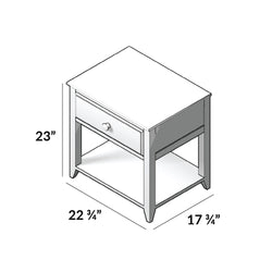White wooden nightstand with dimensions 23 inches by 22 ¾ inches by 17 ¾ inches, featuring single drawer and open shelf.