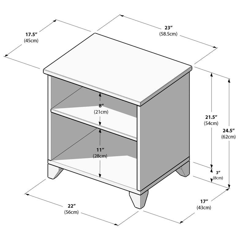 Diagram of a wooden side table with specific measurements in inches and centimeters, featuring two shelves and tapered legs.