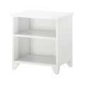 White wooden bedside table with two shelves for bedroom storage.